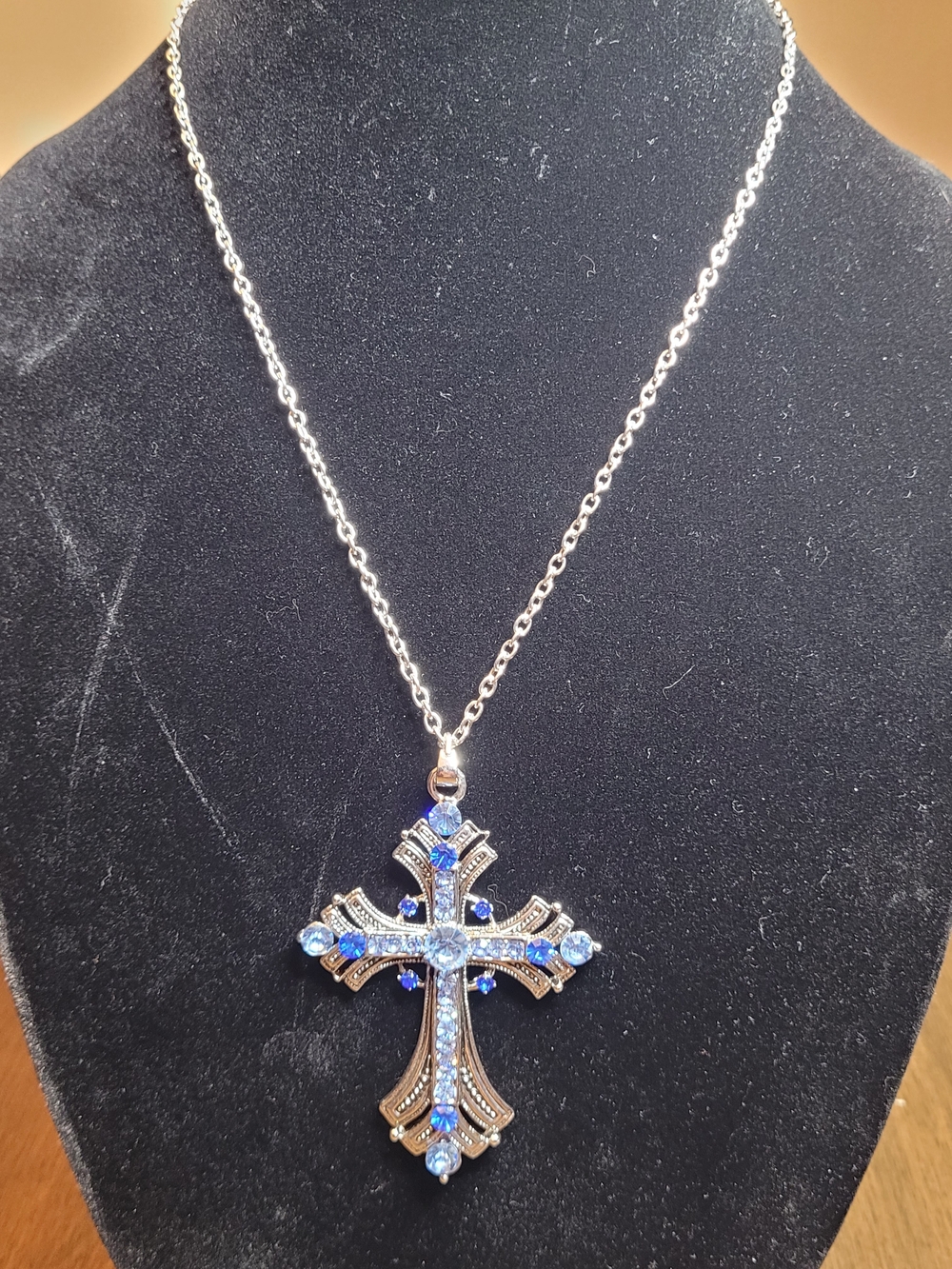 Silver Cross Pendant Necklace with Blue Rhinestones 20" Chain
